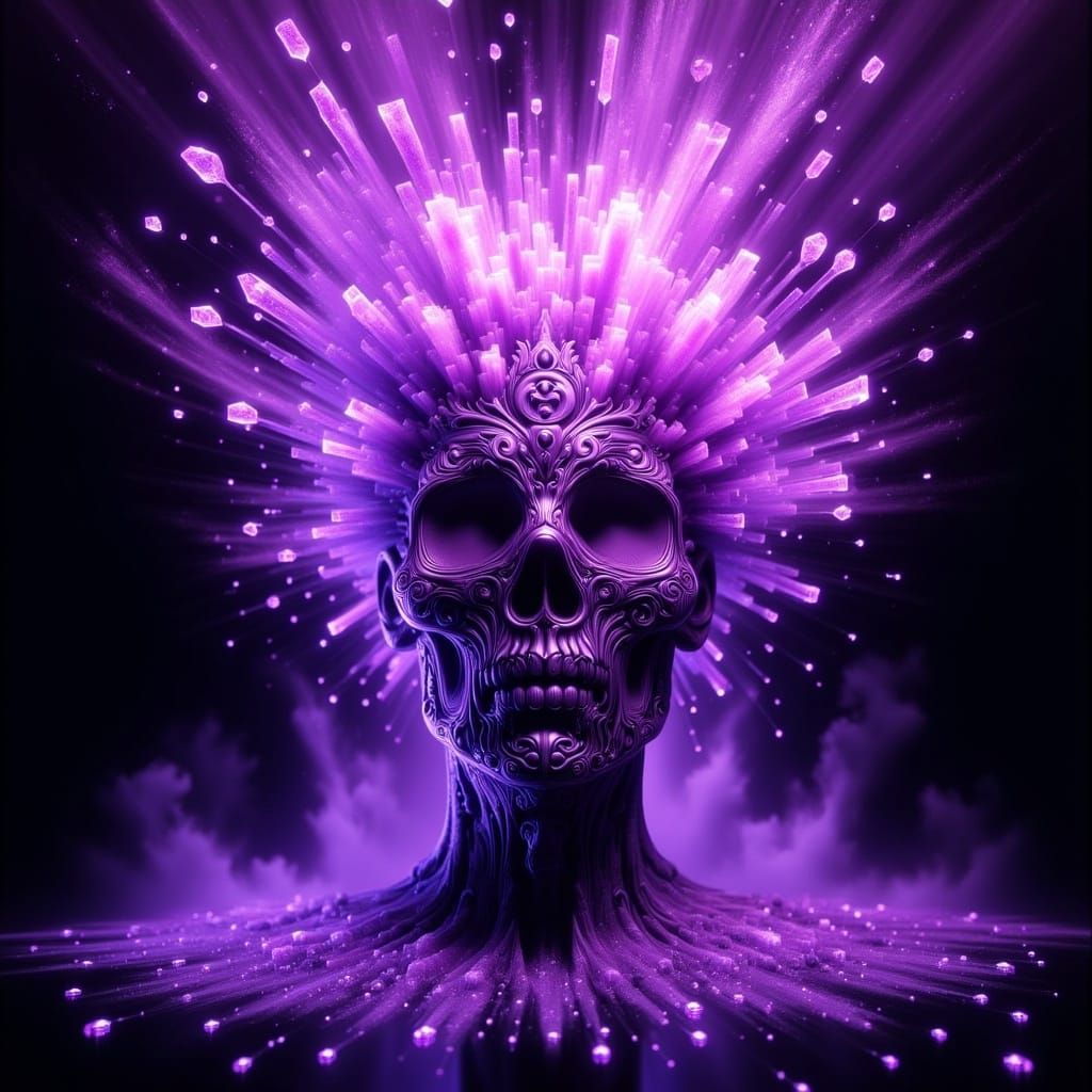 Exploding Crystal Skull with Cyberpunk Neon Glow