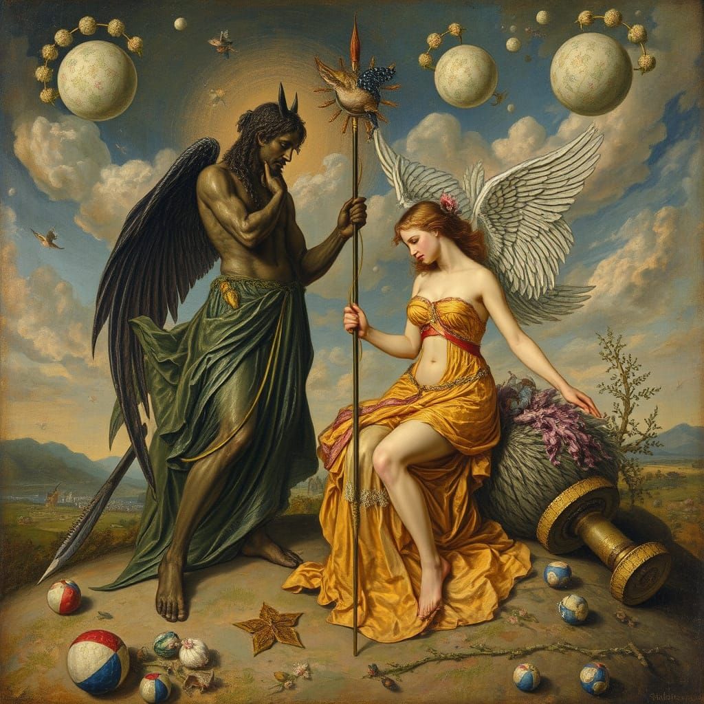 Allegorical Scene in Pointillist Oil Painting Style