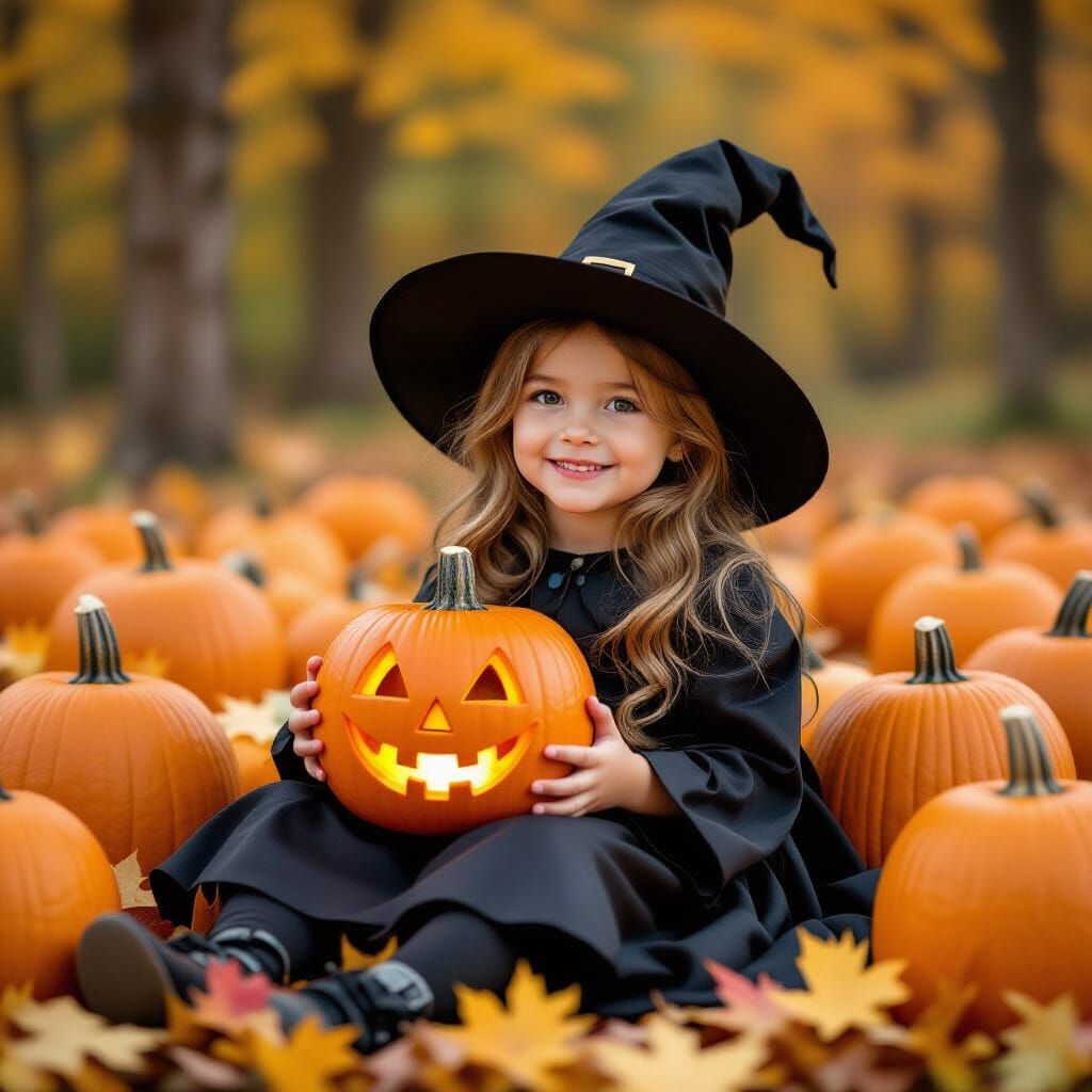 Whimsical Halloween Girl with Pumpkins in Autumn Forest