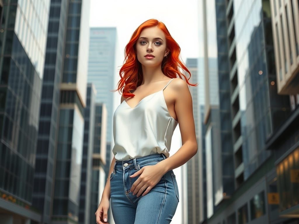 Confident Redhead in City Landscape, Cyberpunk Style
