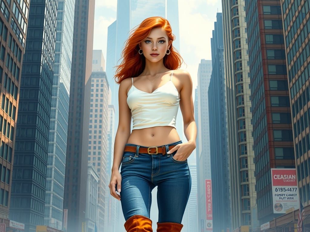 Confident Redhead in Cyberpunk Cityscape