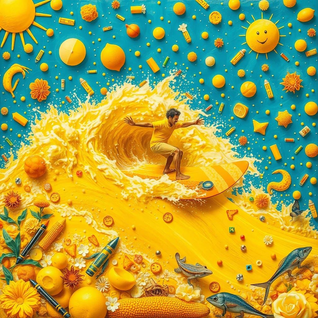 Yellow Explosion: A Surfer's Whimsical Dream in Pop Surreali...