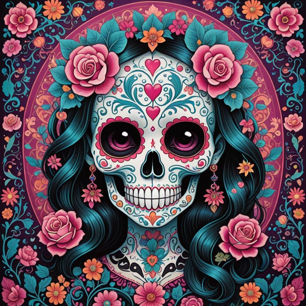 Vibrant Valentine's Day Sugar Skull Artwork