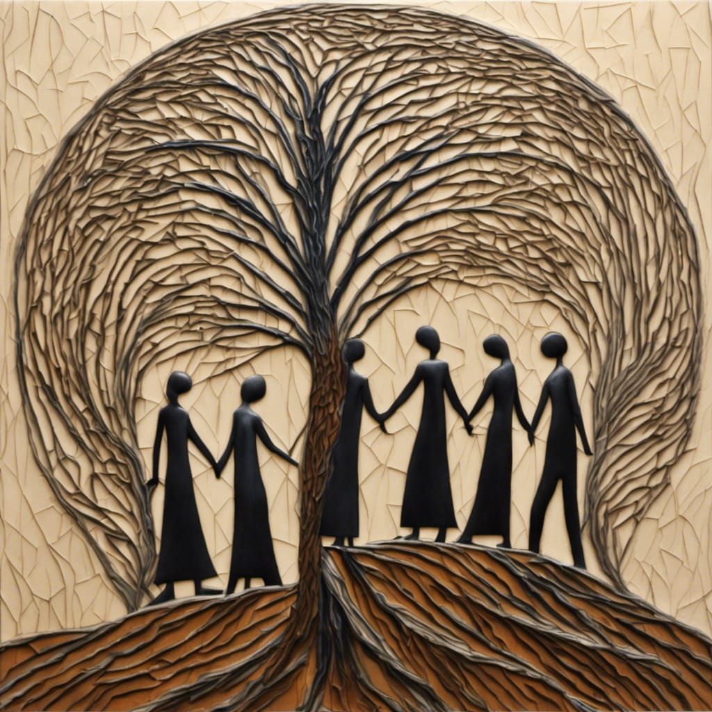 Singing People Around Windswept Tree in Cubist Style