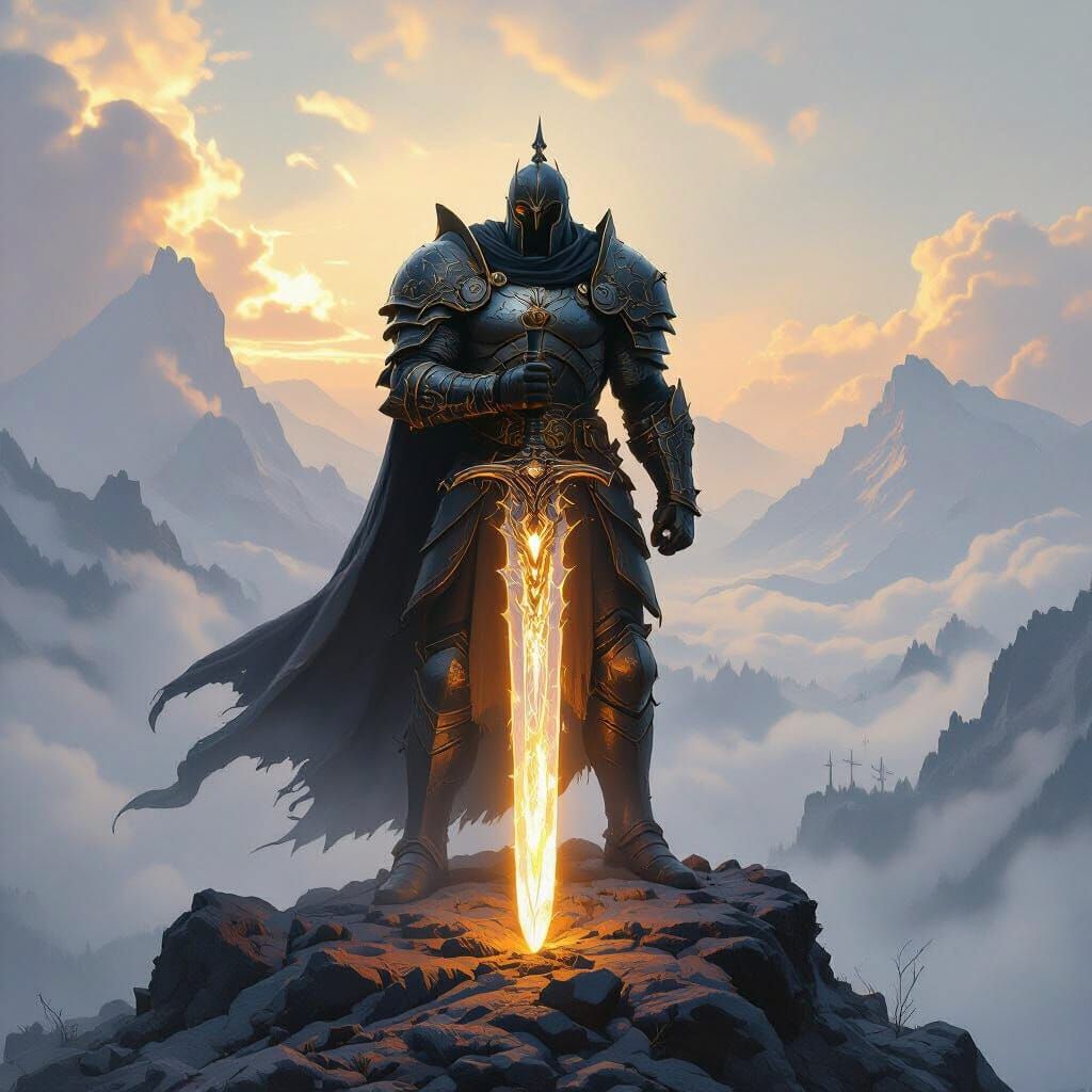 Armored Warrior King Overlooking Battlefield in Epic Fantasy...
