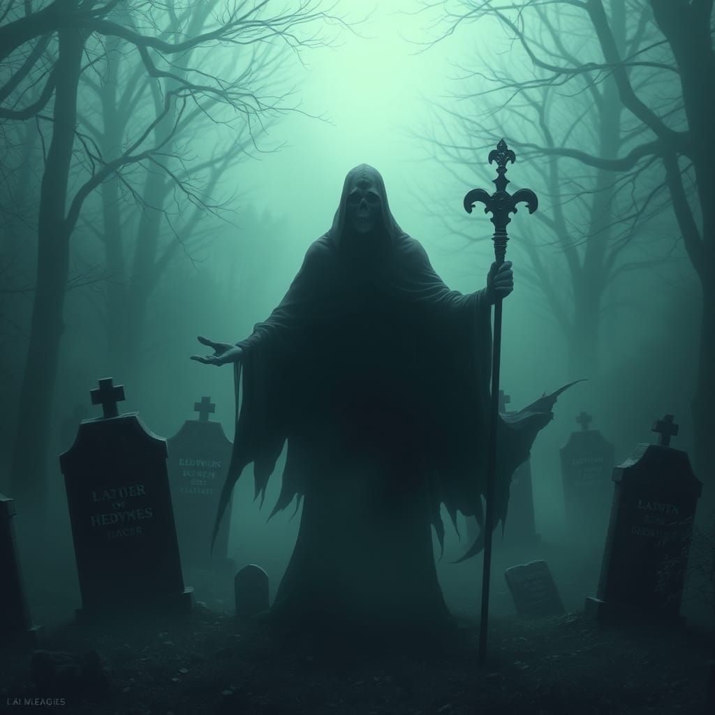 Grim Reaper in Misty Graveyard Scene