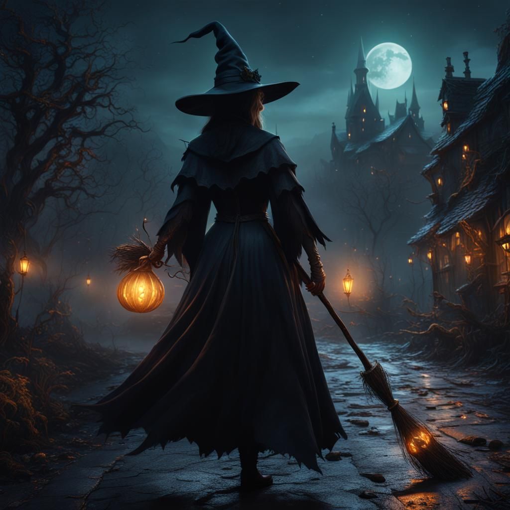 Witch on Broomstick at Night, Fantasy Concept Art