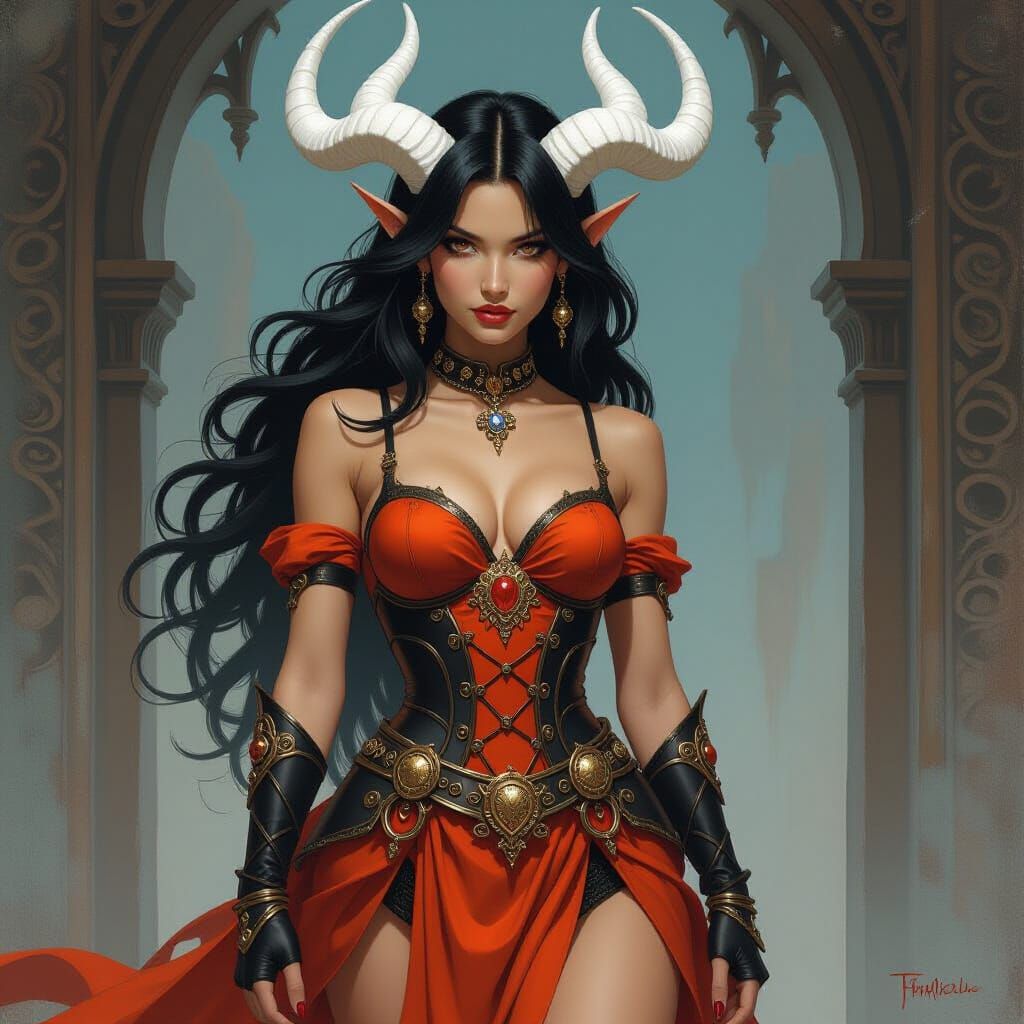 Tiefling Woman in Fantasy Oil Painting
