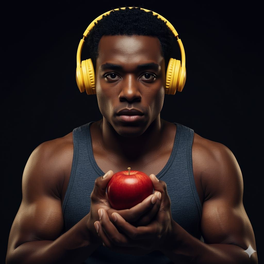 Man with Intense Gaze Holds Red Apple in Low-Key Portrait