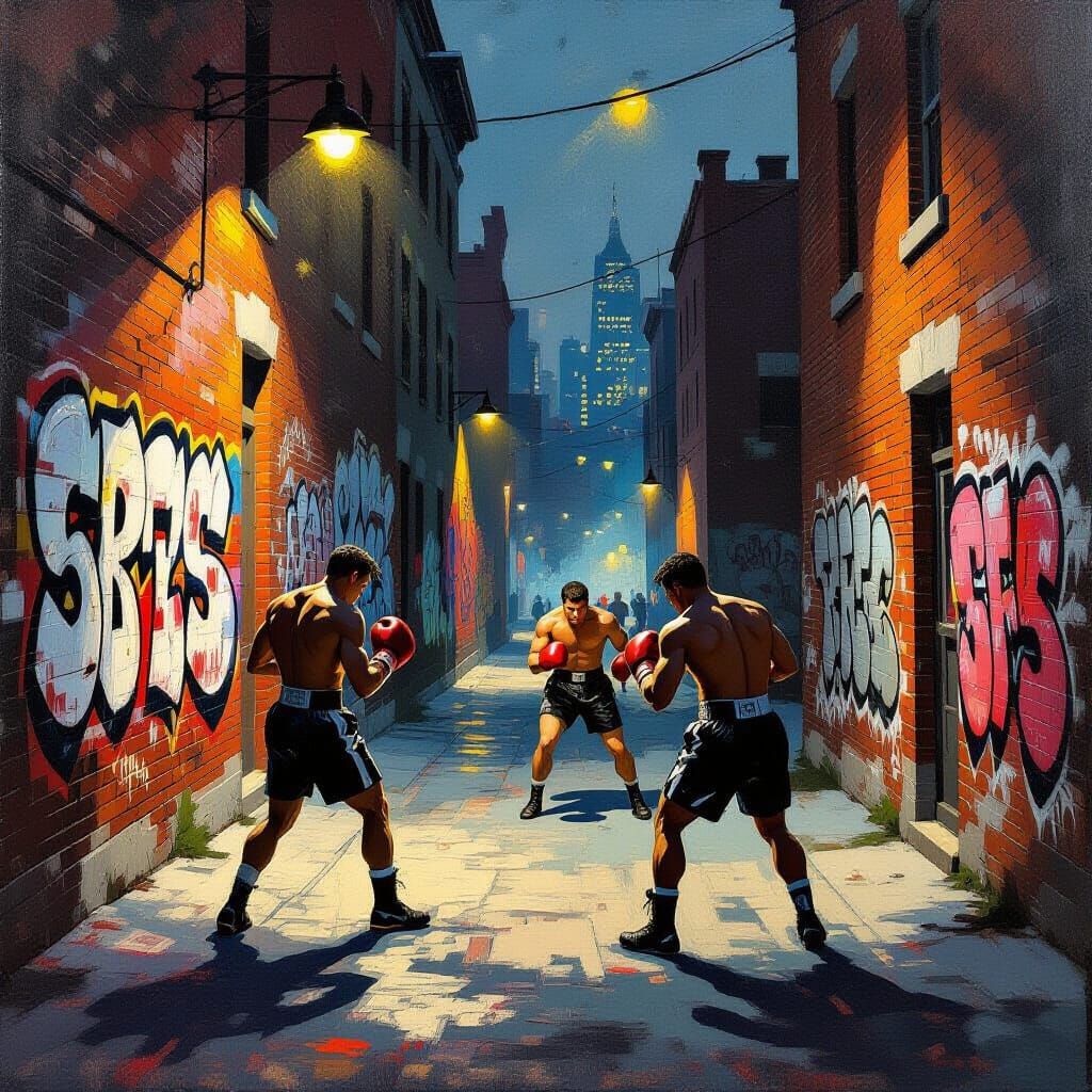 Urban Boxers Roadwork Oil Painting