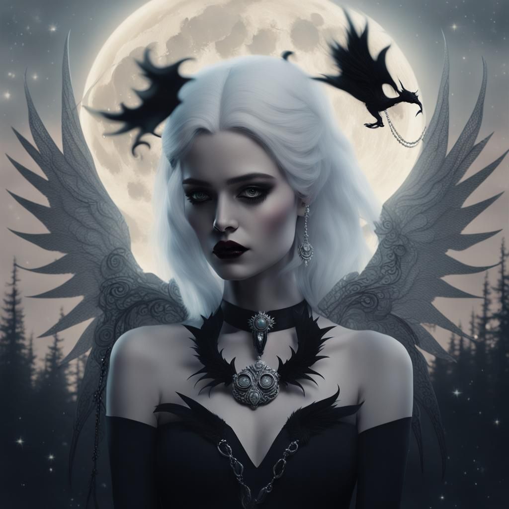 Melancholic Dark Fantasy Woman with Wings and Necklace