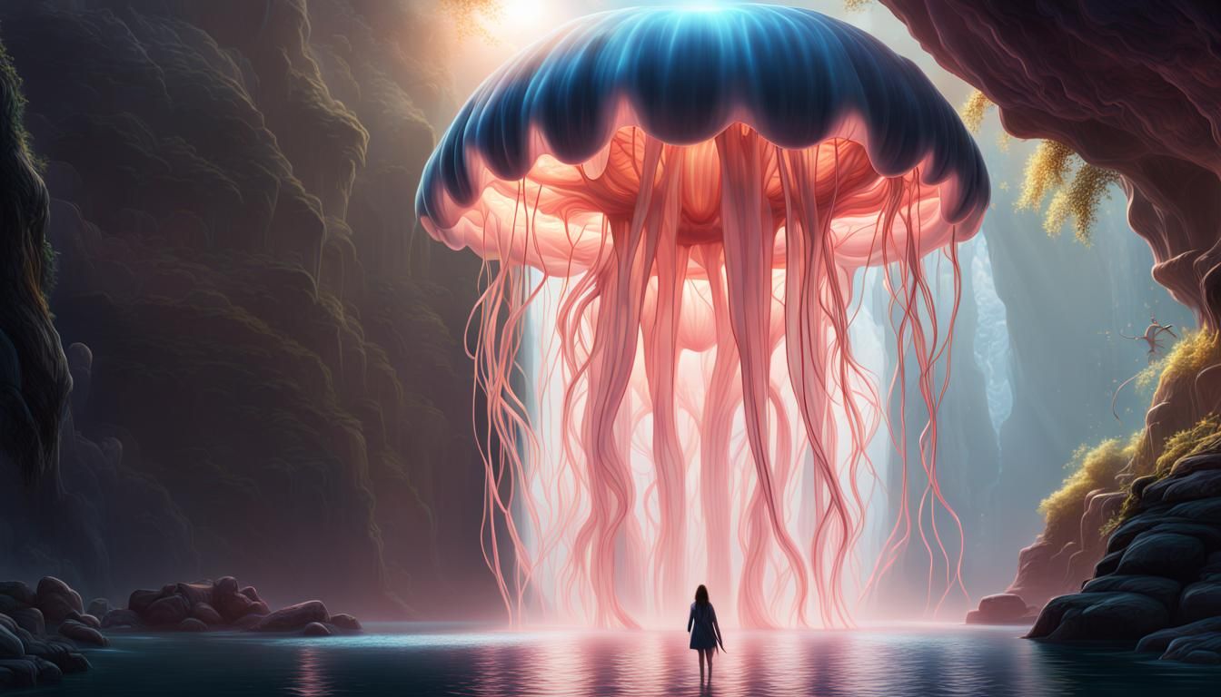Woman, Waterfall, Jellyfish in Photorealistic Style