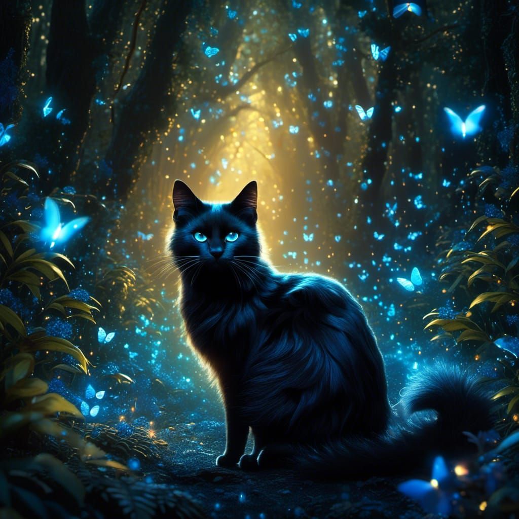 Bioluminescent Black Cat in Dark Forest