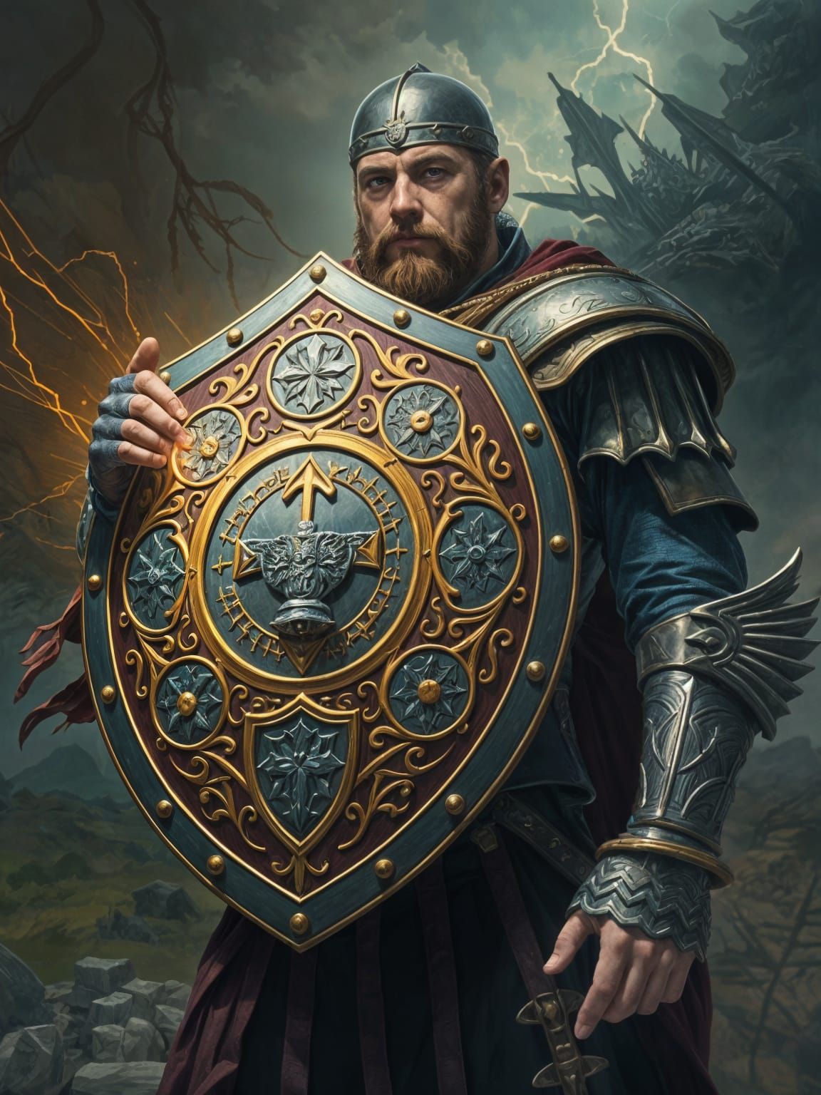 Majestic Warrior Defends Faith with Radiant Shield