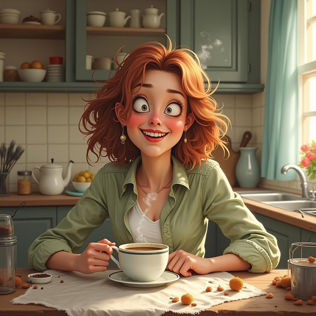 Humorous Portrait of Sleepy Woman at Breakfast Table