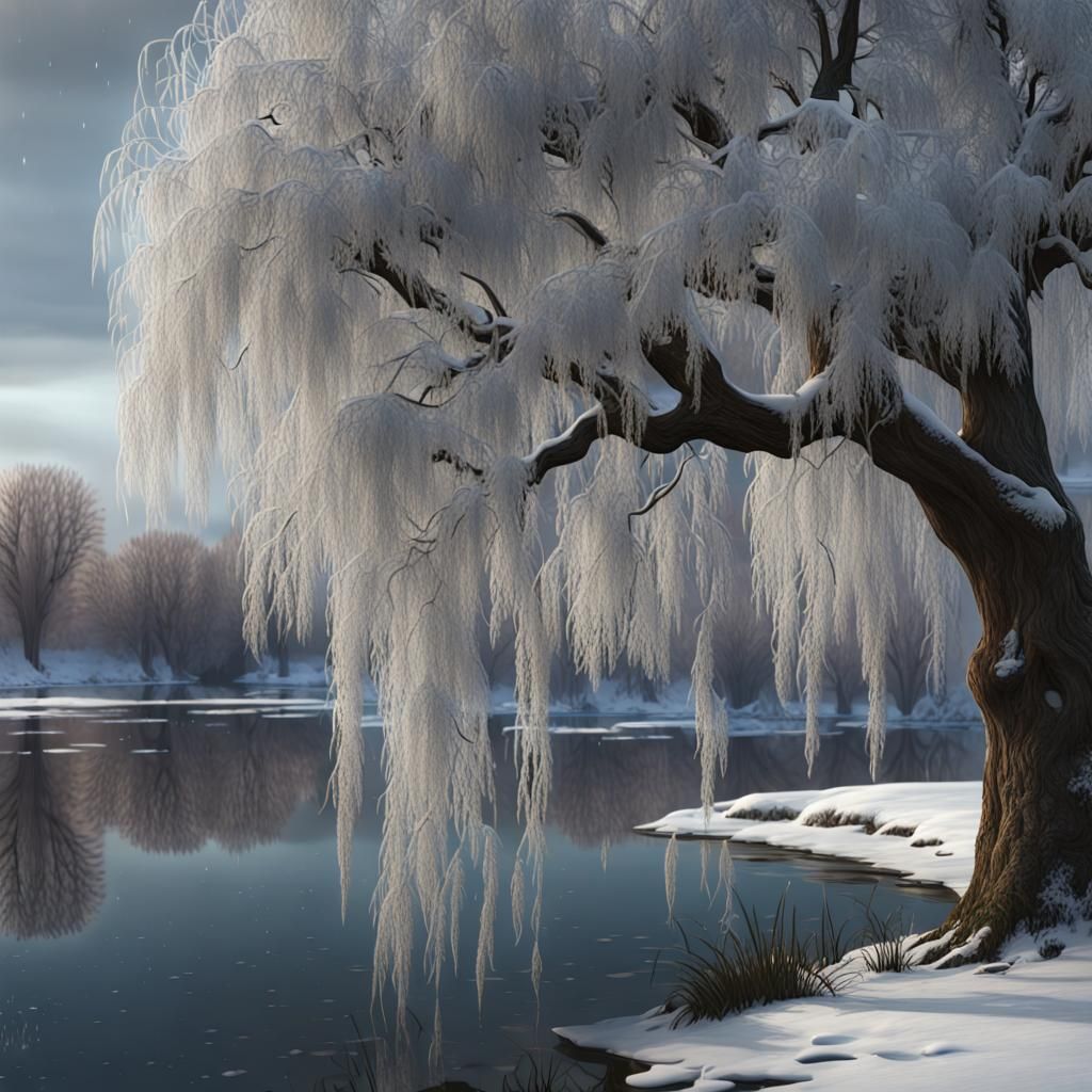 Winter Willow Tree in Dark Fantasy Style
