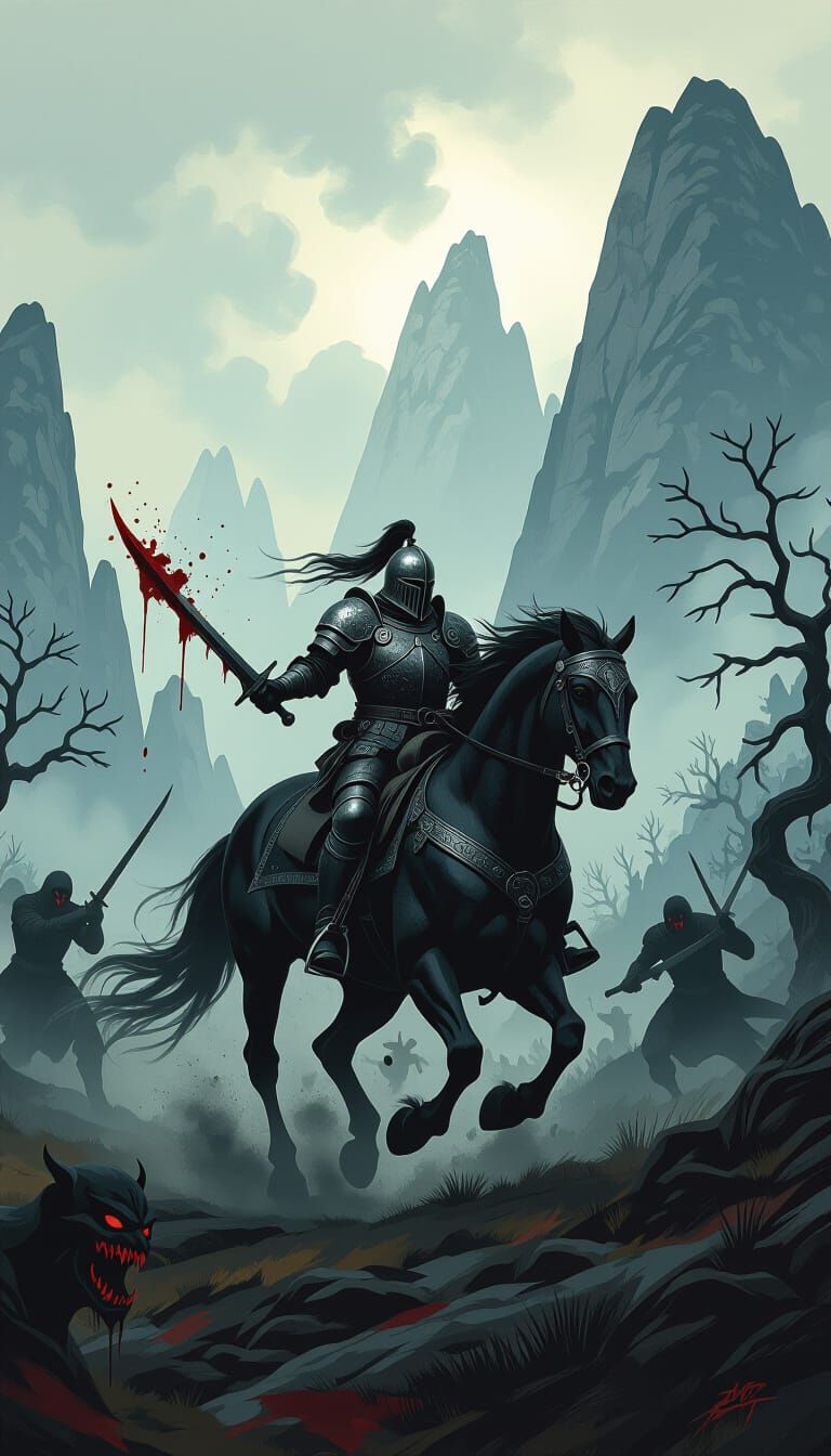 War Horseman Rides Through Apocalyptic Landscape