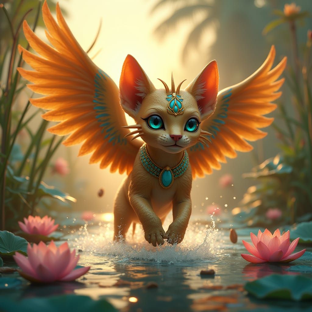 Fantasy Egyptian Sphinx Cub Plays on Nile River Banks