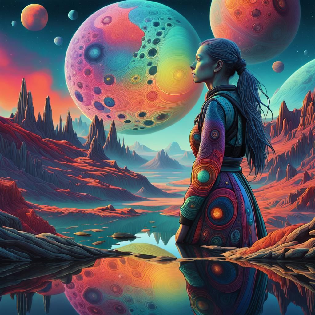 Alien Worlds Reflected in a Woman's Profile