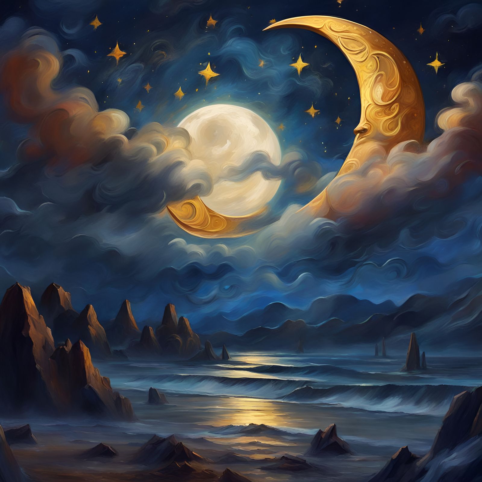 Crescent Moon Rising: A Cubist Oil Painting