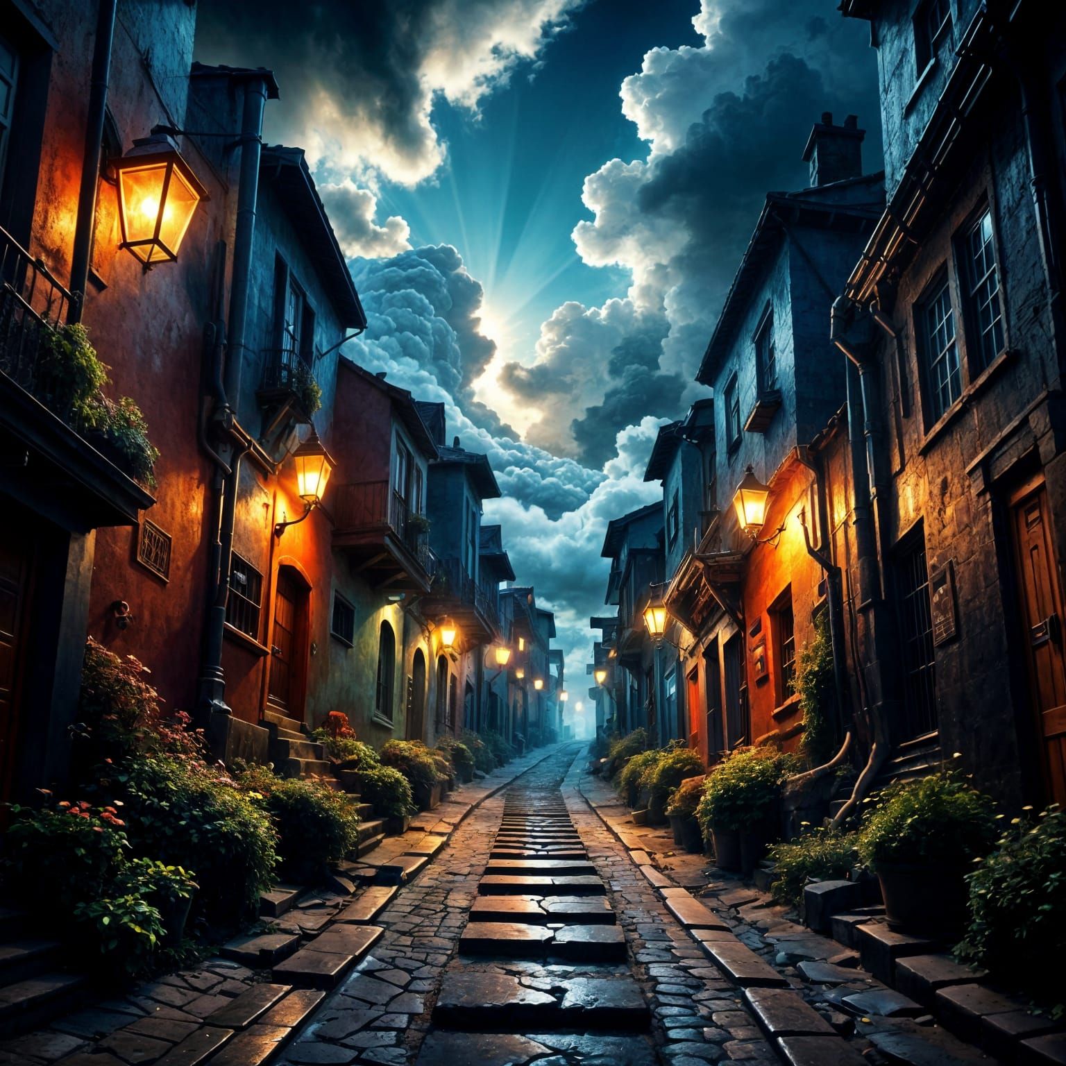 Epic Surrealistic Low-Angle View of a Steep Street Leading i...