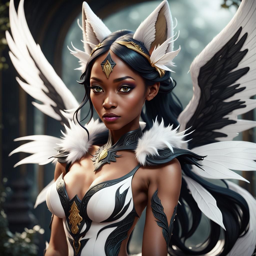 Black Kitsune with Fairy Wings Fantasy Art