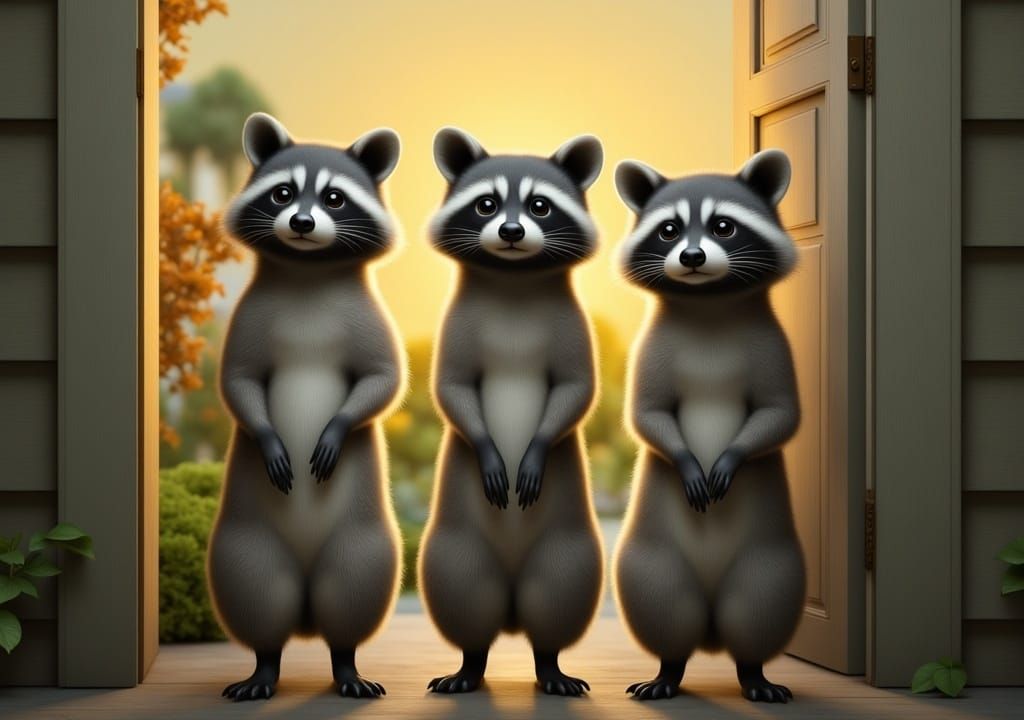 Raccoons at Screen Door in Pop Surreal Style