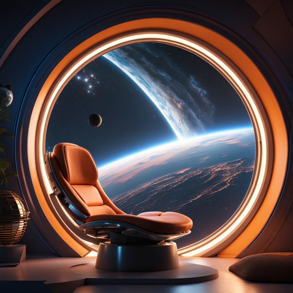 Astronaut Contemplates Stars in Spaceship Bedroom