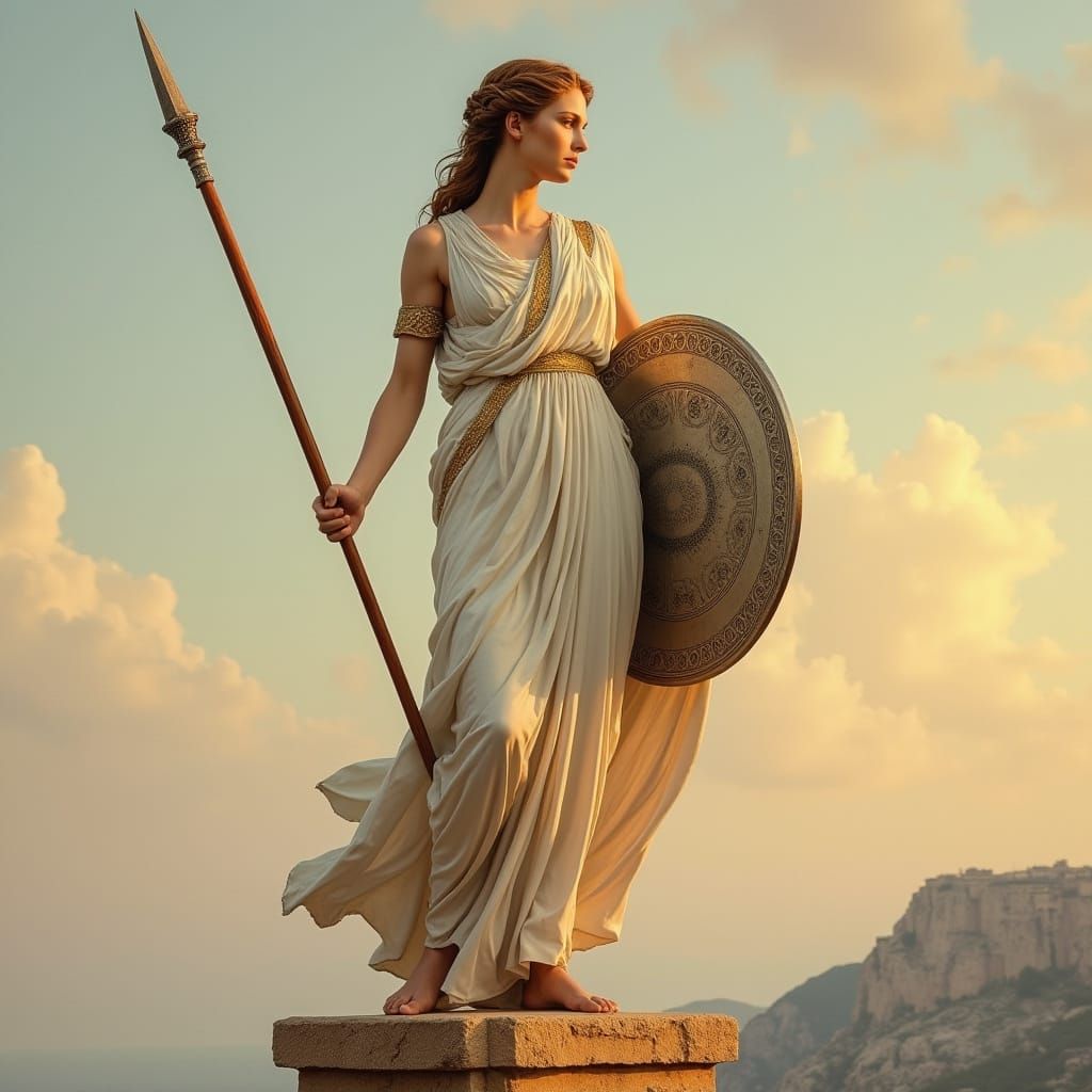 Athena Goddess of Wisdom Standing on Marble Pillar with Spea...