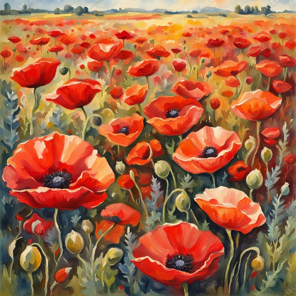 Poppy Field in Impressionist Gouache Style