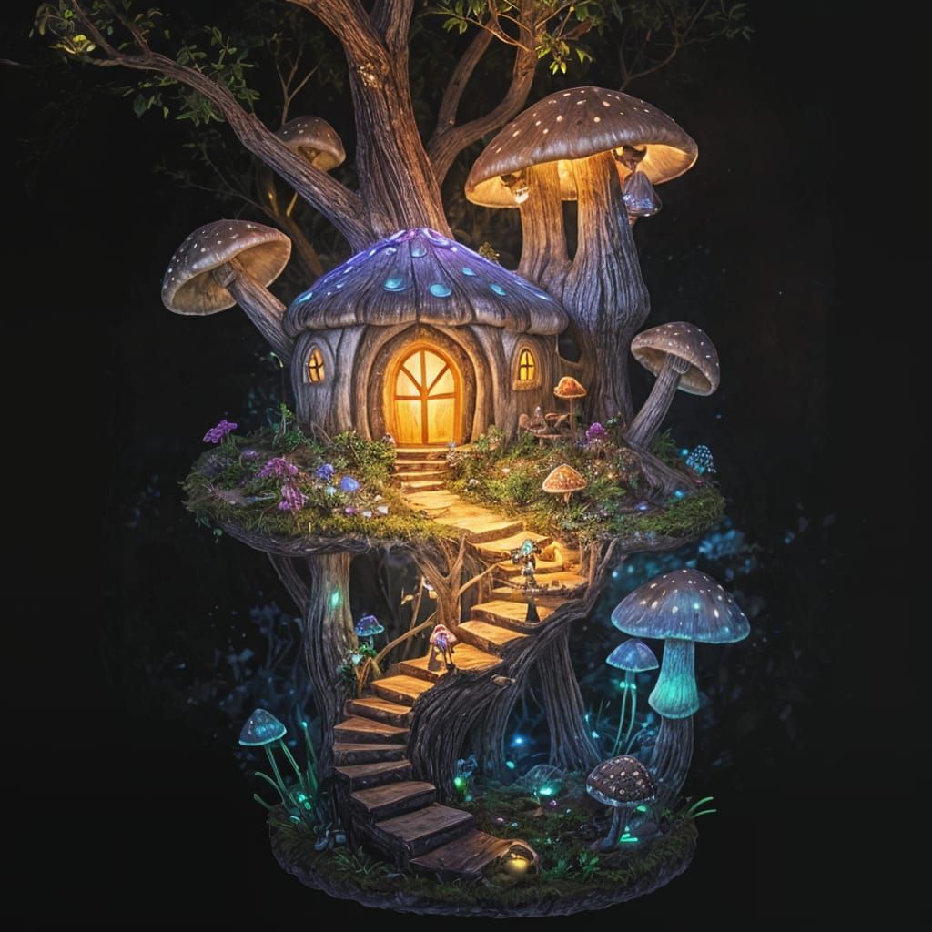 Whimsical Mushroom Abode in Luminous Forest