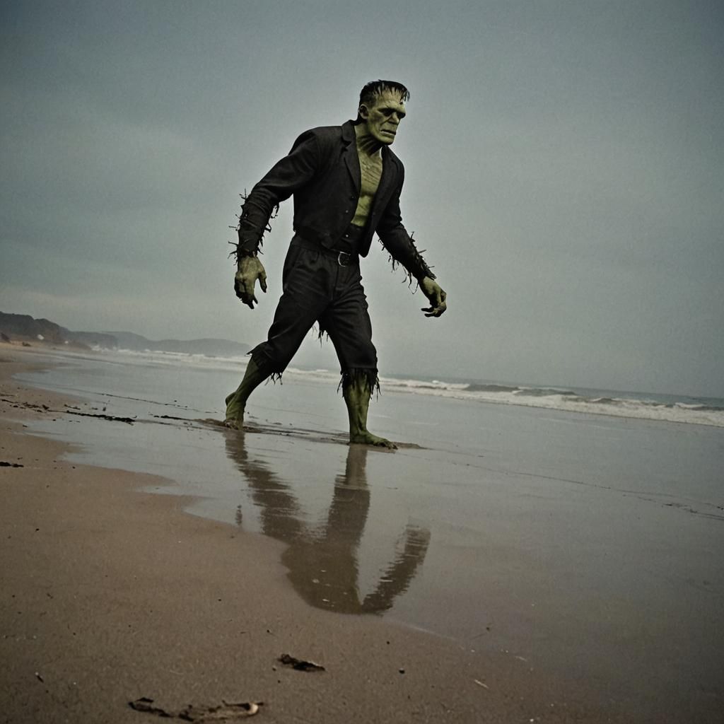 Frankenstein's Monster Walks on a Beach at Night