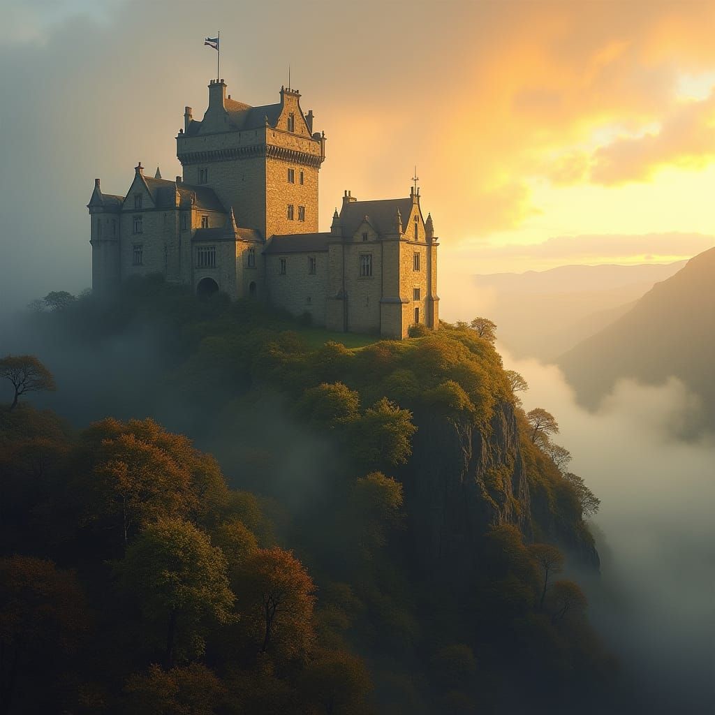 Scottish Castle at Sunset in Romantic Style