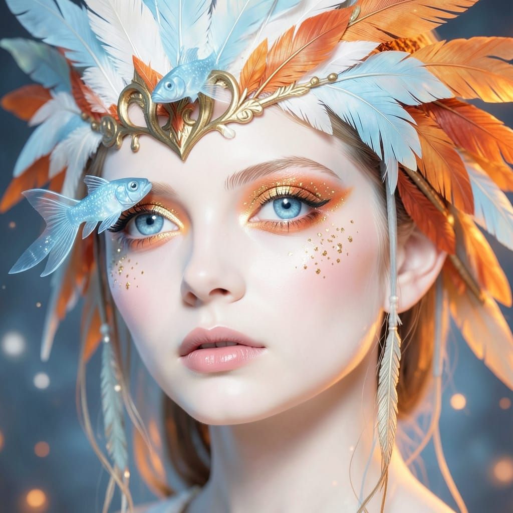 Ethereal Woman with Fiery Headdress and Blue Eyes