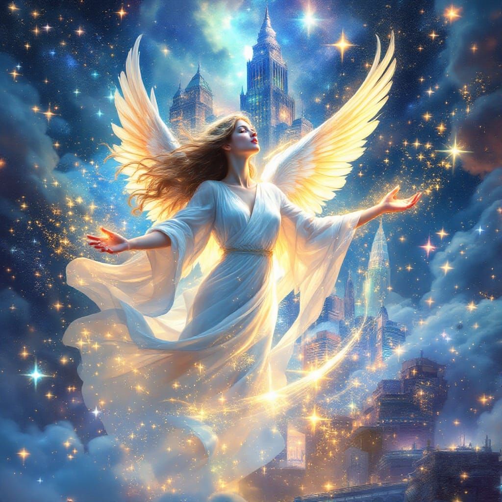 Angel Embraces Cityscape in Holographic Astral Illustration
