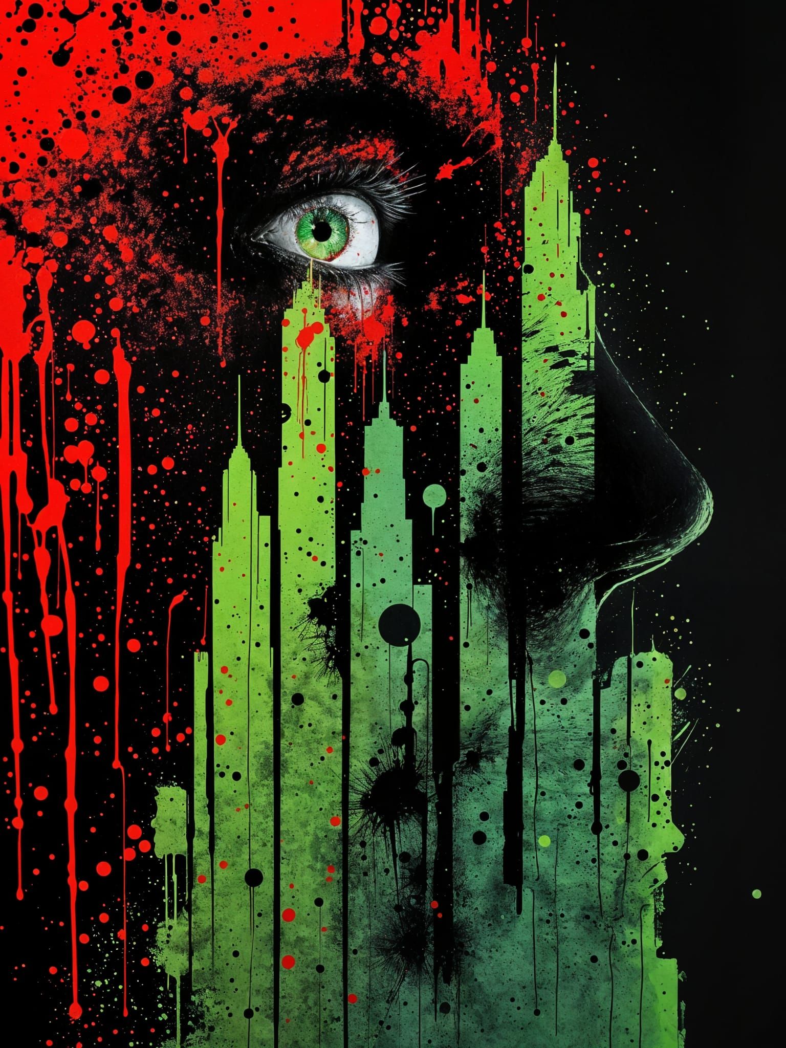 Surreal Red Paint Face with Decaying Skyscrapers