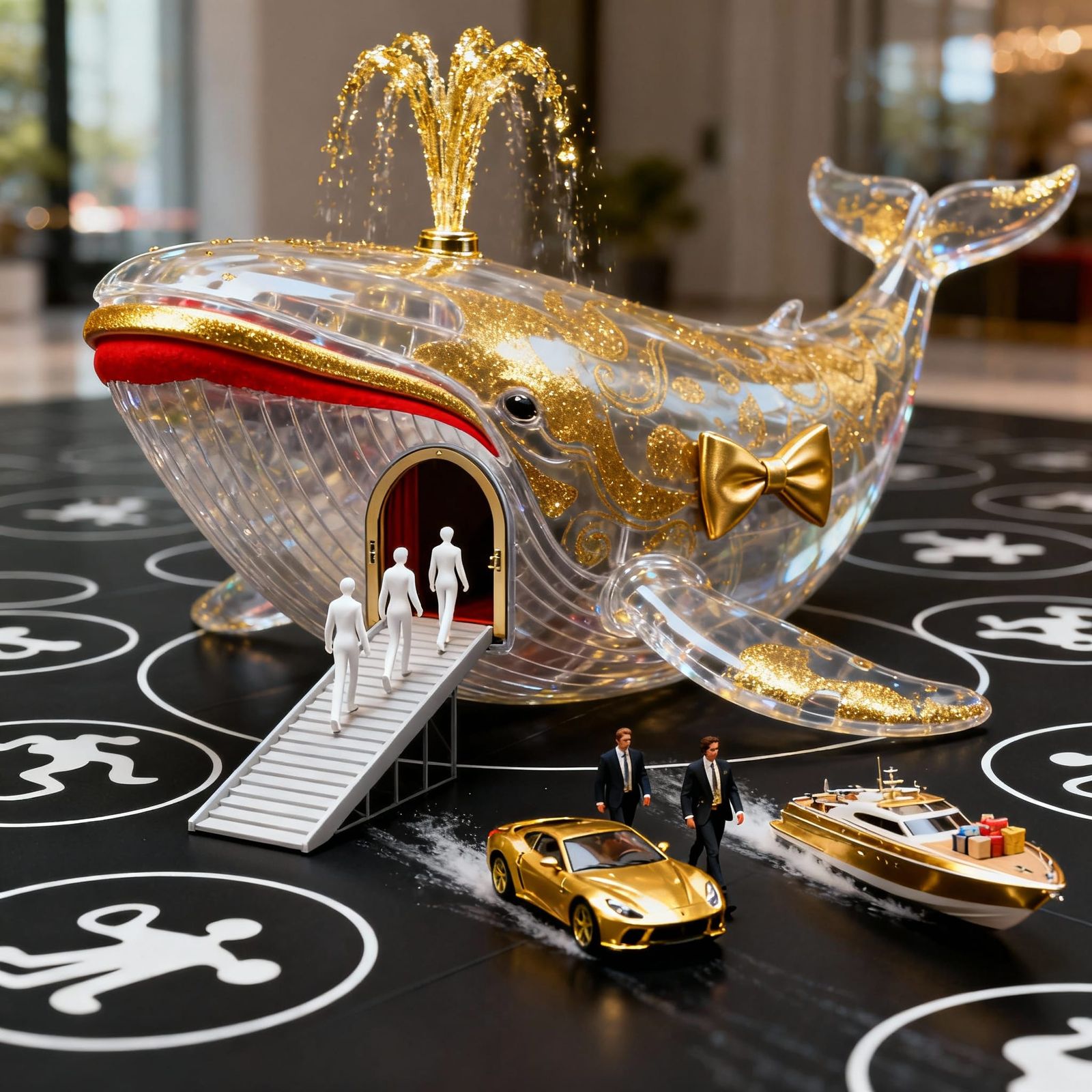 Giant Transparent Whale with Golden Details on Black Floor