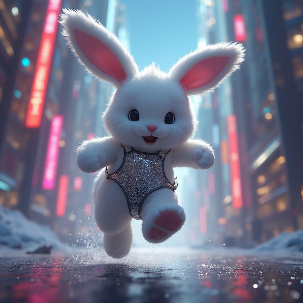 Giant Bunny Explores a Futuristic Metropolis