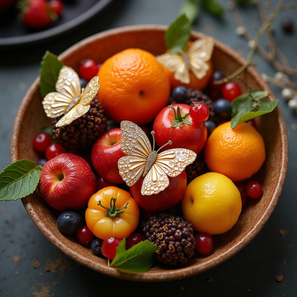 Shiny Wax Fruit Bowl with Butterfly Food Dish