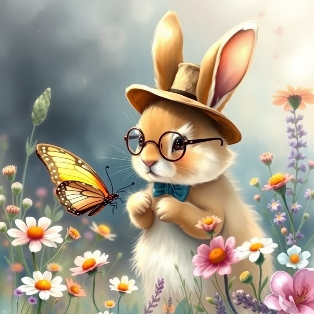 Bunny in Top Hat Observes Butterfly, Watercolor Art