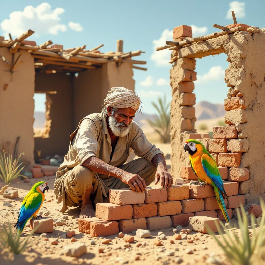 3D Rural Indian Farmer Building a Wall