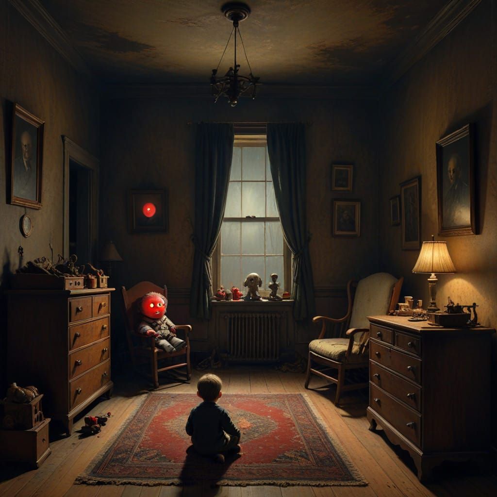 Creepy Antique Toy in Dark Nursery Scene