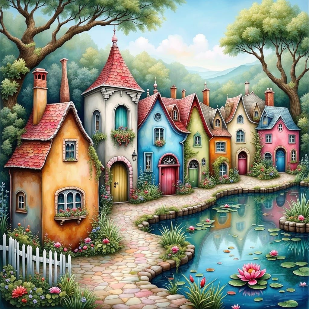 Whimsical Gaudi-Inspired Village with Colourful Homes and Ga...