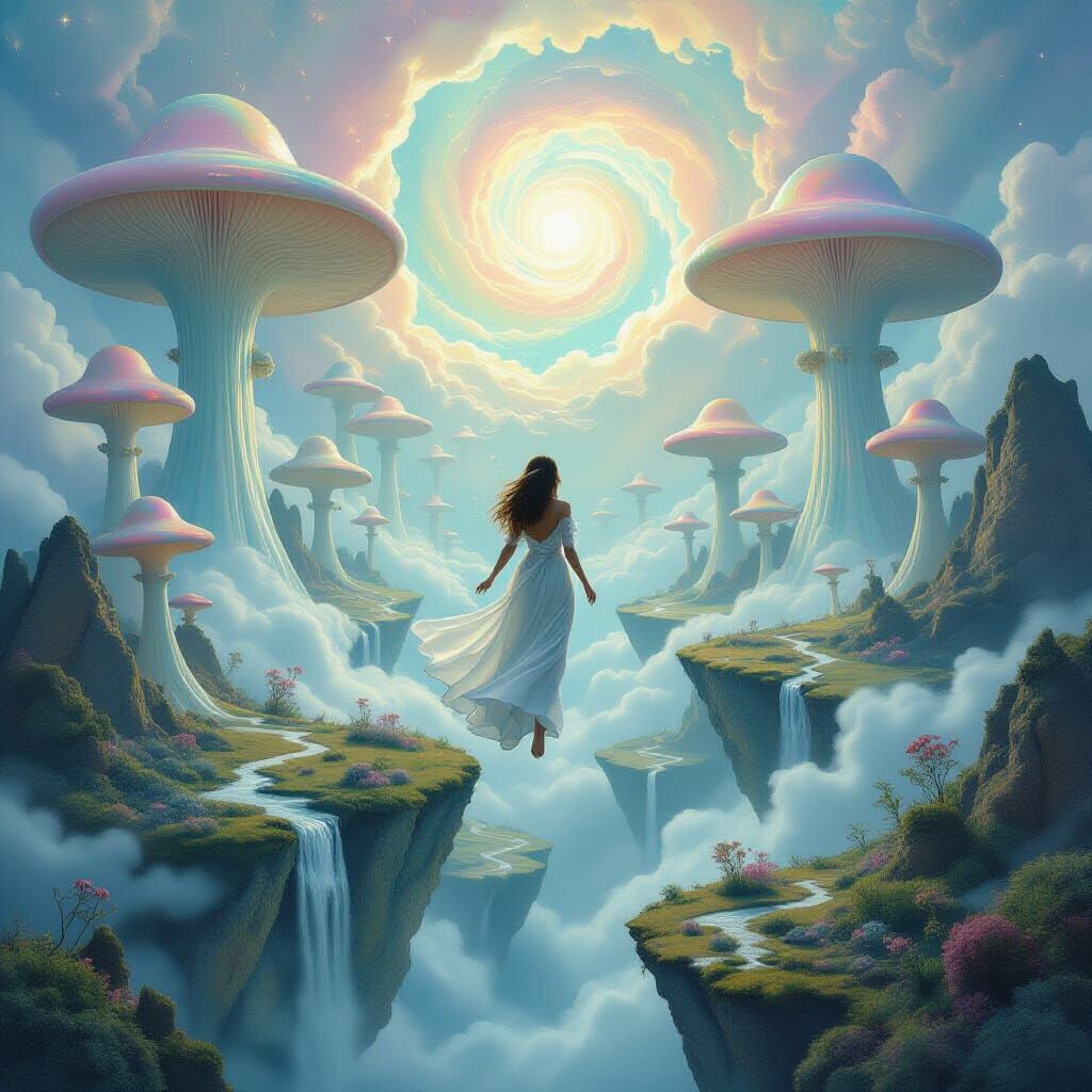 Ethereal Woman in Surreal Landscape with Starlight Rivers