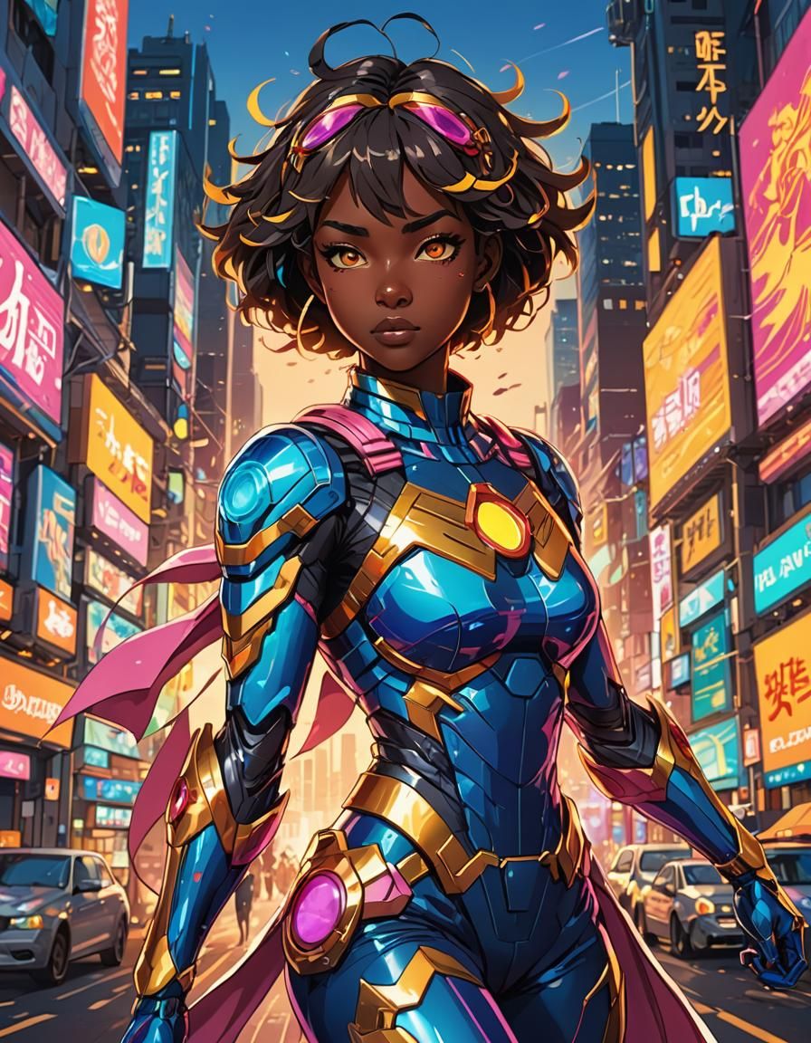 Kawaii Superhero Girl with Psychedelic Colors, Anime Art