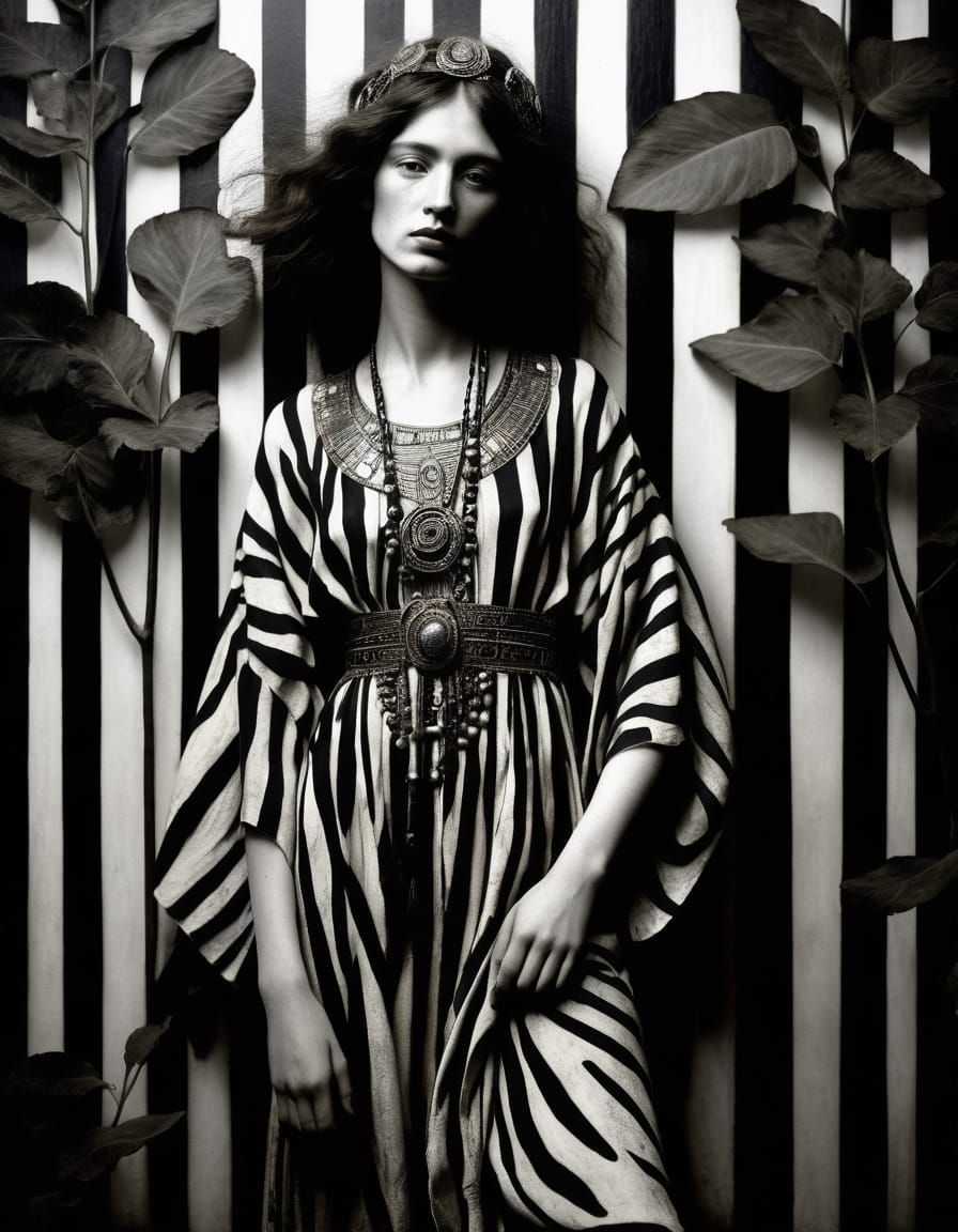 Ethereal Bohemian Woman in Zebra Print, Inspired by Chiarosc...
