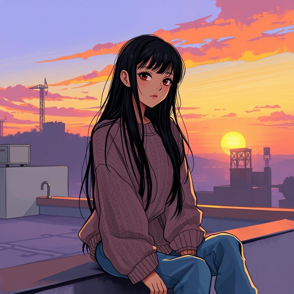 Cozy Sunset Rooftop Girl in Vibrant Digital Art