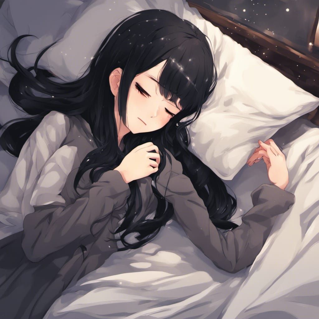 Sleeping Black-Haired Girl in Anime Style