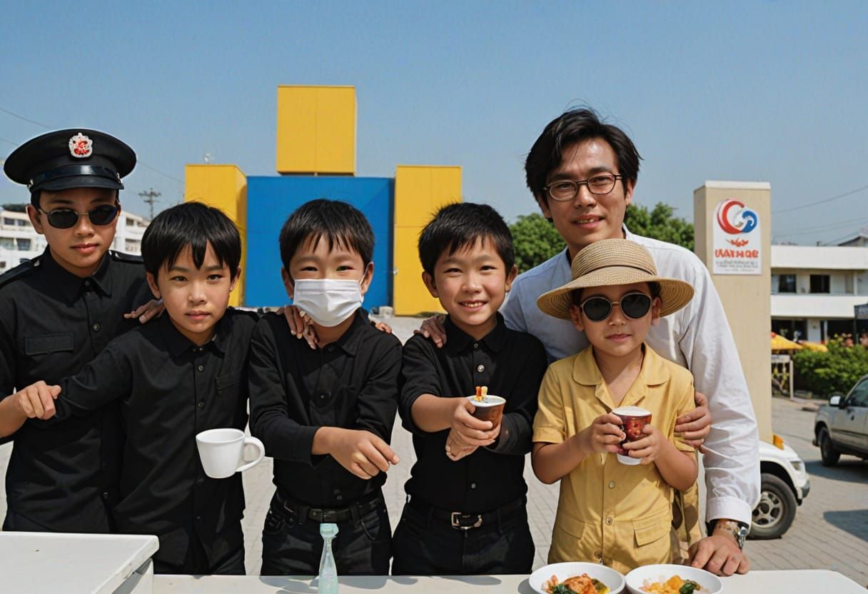 Asian Children at a Police Station in a Realistic Style