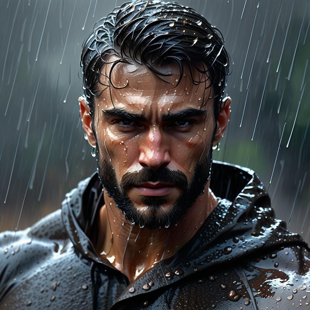 Muscle Man Dancing in Rain: Oil Painting